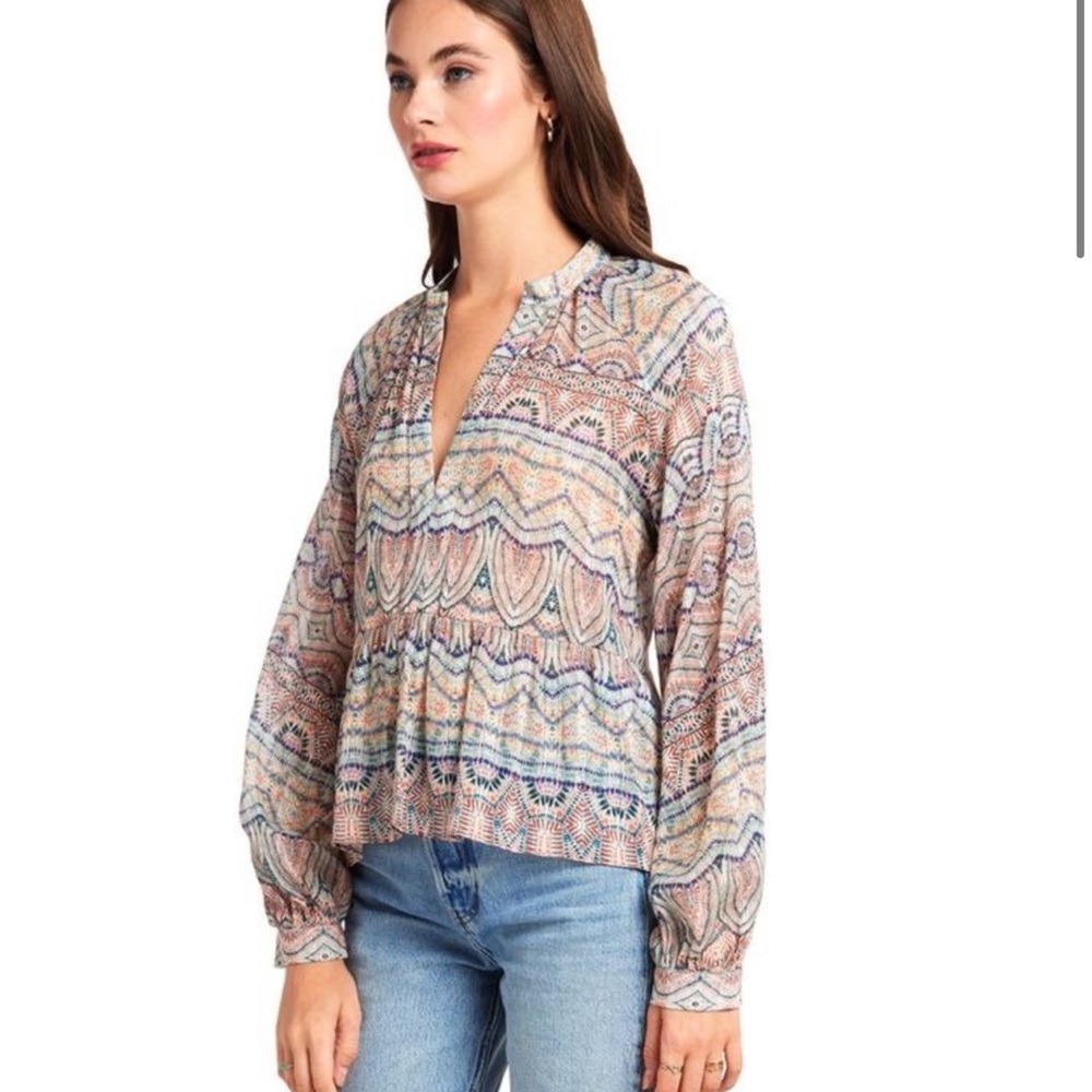 Amanda Uprichard Pastel Paisley Split-Neck Peasant Top